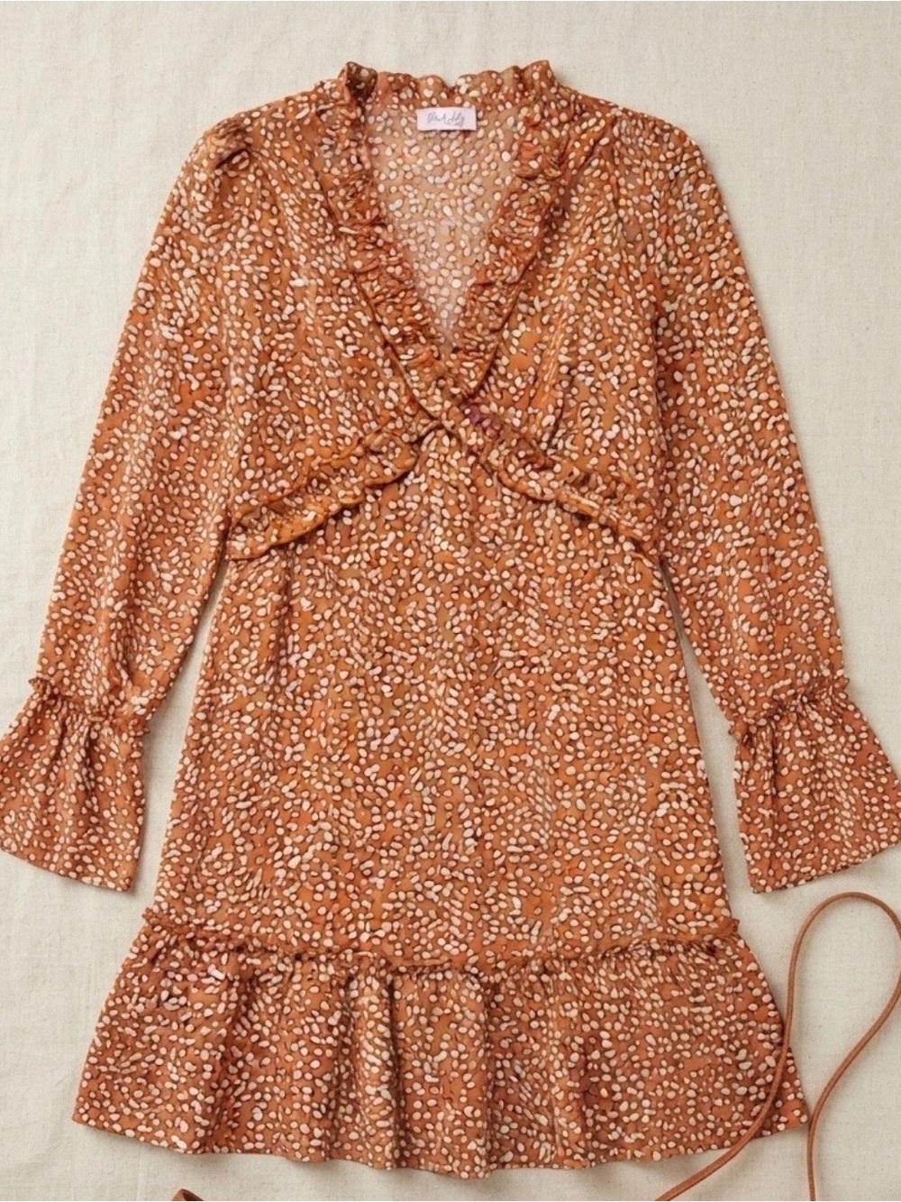 LOVERICHE Ruffle Mini Flirty Dress  Rust Ditsy Floral Speckled